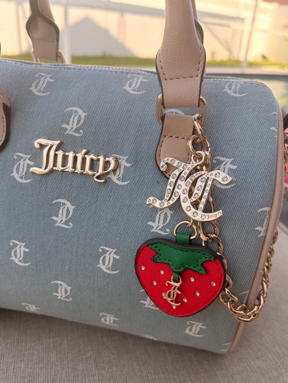 Juicy Couture Denim/ Light Blue Logo Satchel with Strawberry Charm - Picture 6 of 10